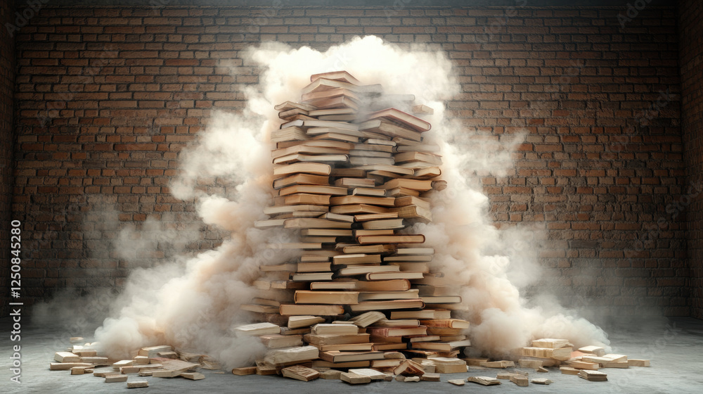 Poster a high-fidelity 3d model depicting books dissolving into mist, perfect for creative and conceptual v