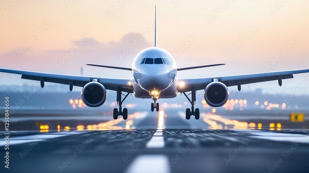 Poster modern airplane landing at airport runway during golden hour with glowing lights and soft clouds in 