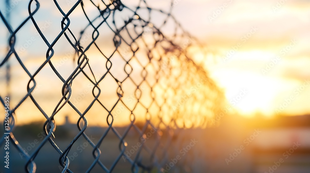 Fototapete close up view of a chain link fence illuminated by a beautiful sunset creating a serene atmosphere :