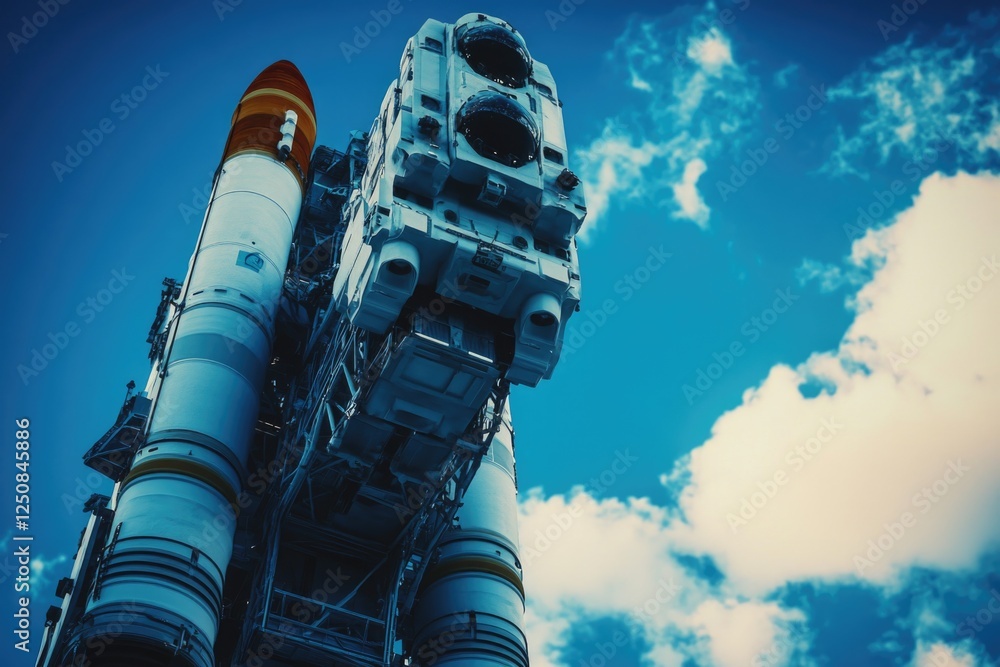 Poster a space shuttle sits atop a bright blue sky, ideal for use as a background or to represent space tra