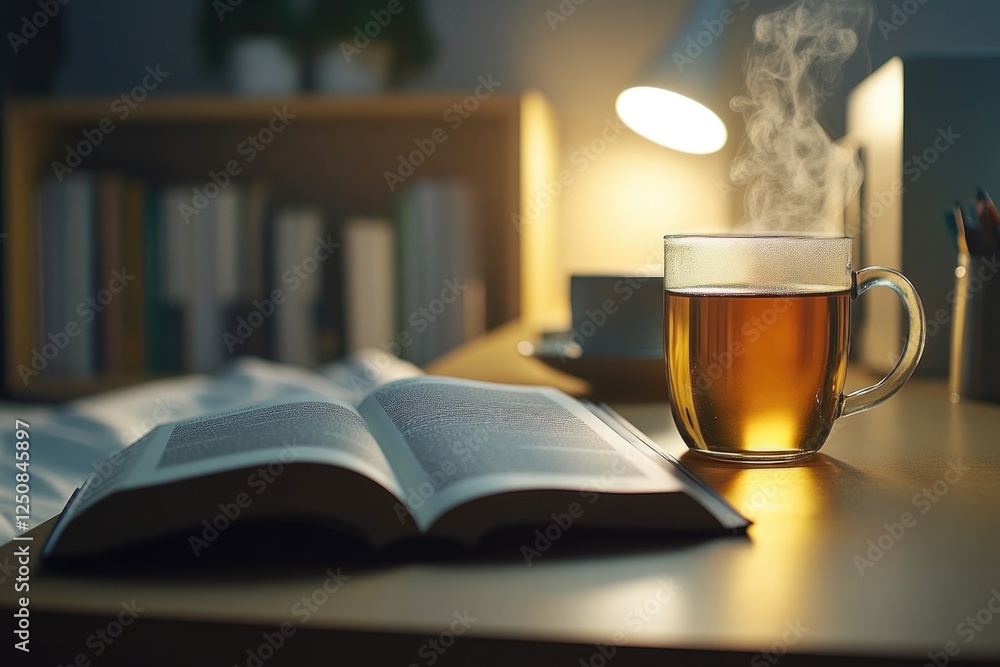 Poster a person studying or reading with a cup of coffee and a book on a desk