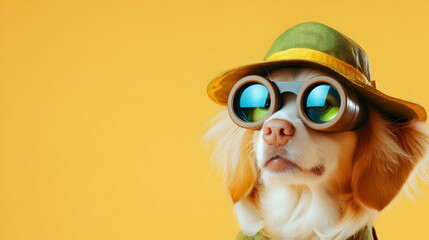Obraz premium A stylish dog in oversized goggles and a hat poses against a bright yellow background