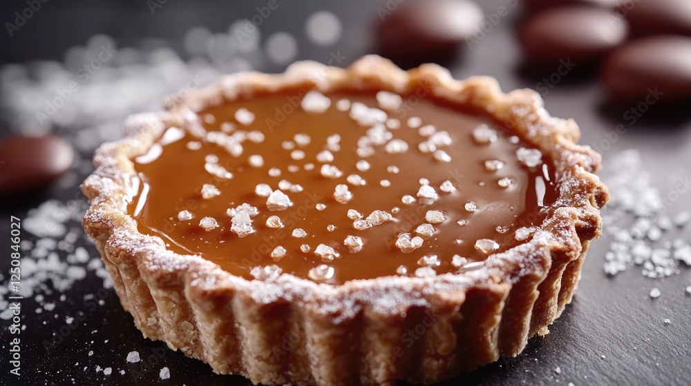 Poster a decadent chocolate tart sits atop a table dusted with powdered sugar, perfect for a bakery display