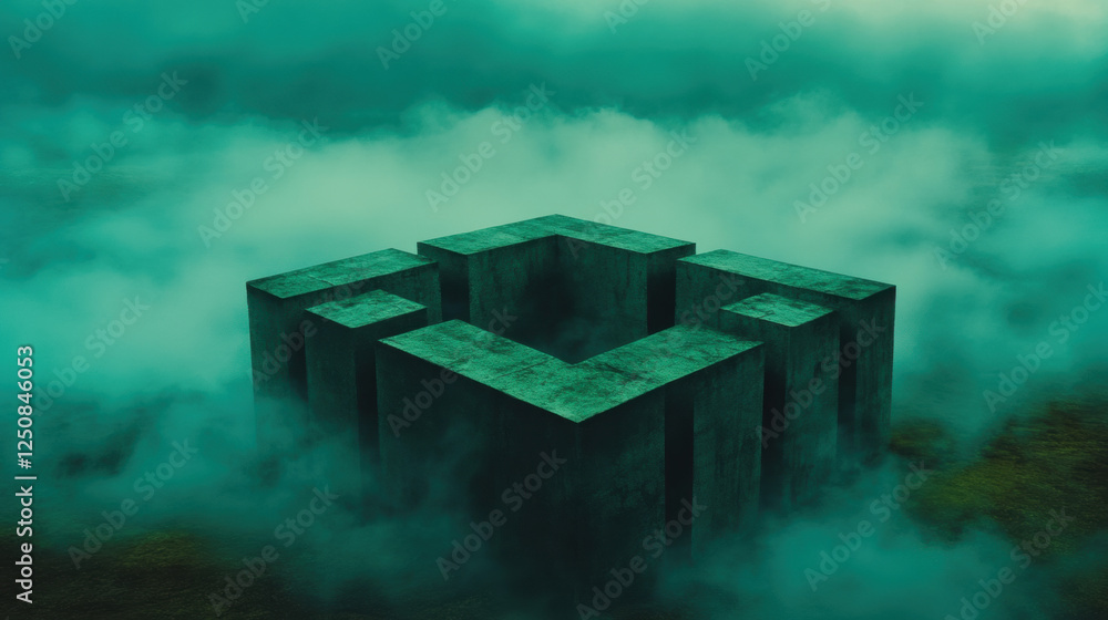 Poster a surreal 3d rendering of a mind maze enveloped in mist, showcasing high fidelity visual details sui