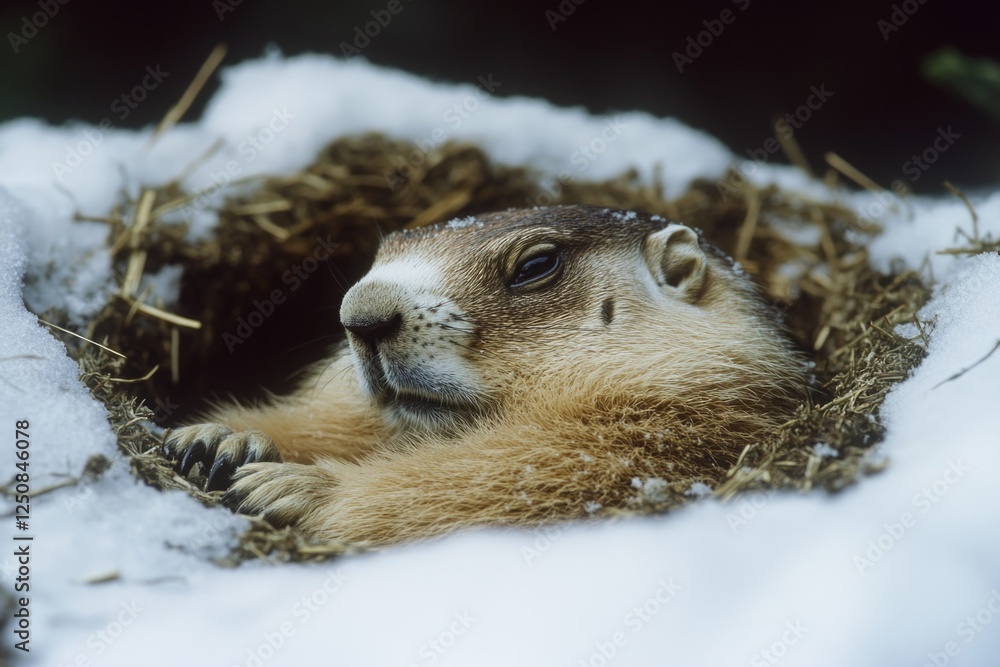 Poster close-up shot of a groundhog in snowy environment