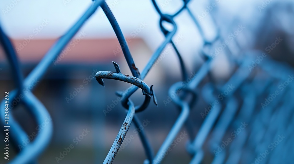 Poster closeup of a metal chain link fence showcasing details in urban settings with a blue tint : generati