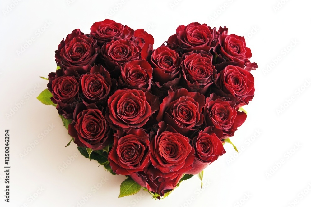 Poster a bouquet of red roses arranged in a heart shape on a white surface