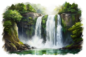 Majestic waterfall scene, lush greenery, serene nature landscape, vibrant colors, tranquil water flow, artistic illustration.