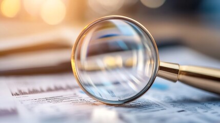 Fototapeta premium Magnifying glass resting on financial documents with soft blurred background highlighting analysis : Generative AI