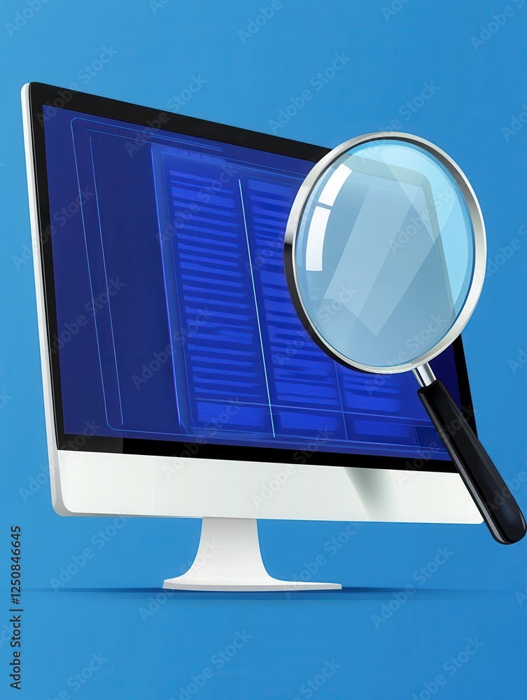 Aufkleber flat vector illustration of digital marketing data analysis on computer screen with magnifying glass