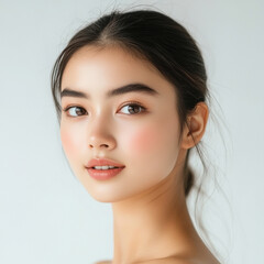 Naklejka premium Beautiful woman with flawless skin, portrait of a beautiful young model in close-up, on a white background