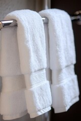 A single towel hangs on a rack in this close-up shot