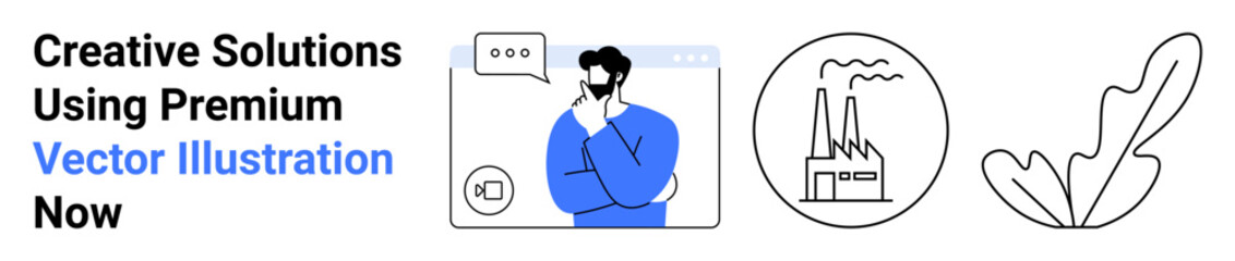 Thoughtful man with a browser window, factory emitting fumes, abstract leaf. Ideal for brainstorming, modern design, eco solutions, industry innovation, technology, productivity flat landing page