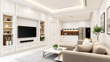A Modern luxury Living room built-in with tv cabinet, wall paneling and pantry bar.