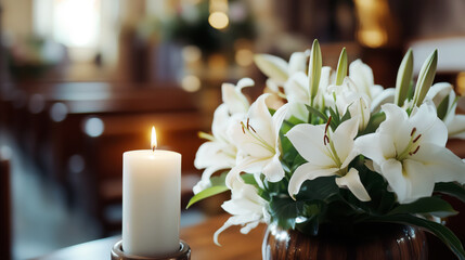 Bouquet of white lily flowers and burning candle in church interior, Funeral, Cremation, Memorial concept