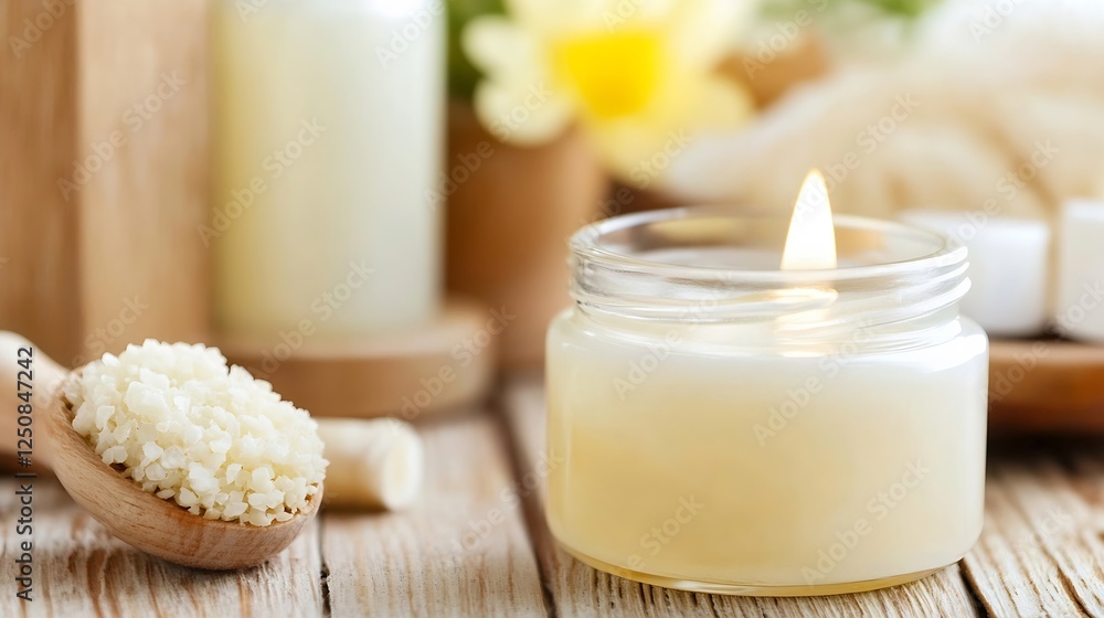 Aufkleber relaxing spa setting with a gorgeous candle and natural ingredients for aromatherapy on a wooden sur