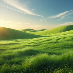 Obraz premium A fresh, vibrant grass field with soft golden sunlight. 