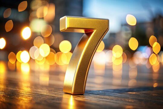 A luxurious, isolated 3D-rendered golden number seven, miniature tilt-shift style, exudes abstract elegance.