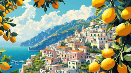 Fotobehang Lively illustration of Amalfi Coast village with lemons, perfect for Italian tourism promotions and travel merchandise © Johannes