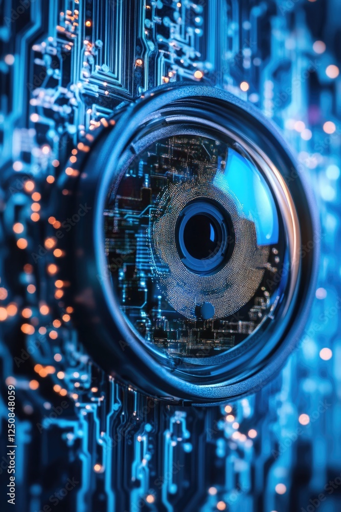 Poster close-up shot of a camera lens on a circuit board, great for technology and innovation concepts