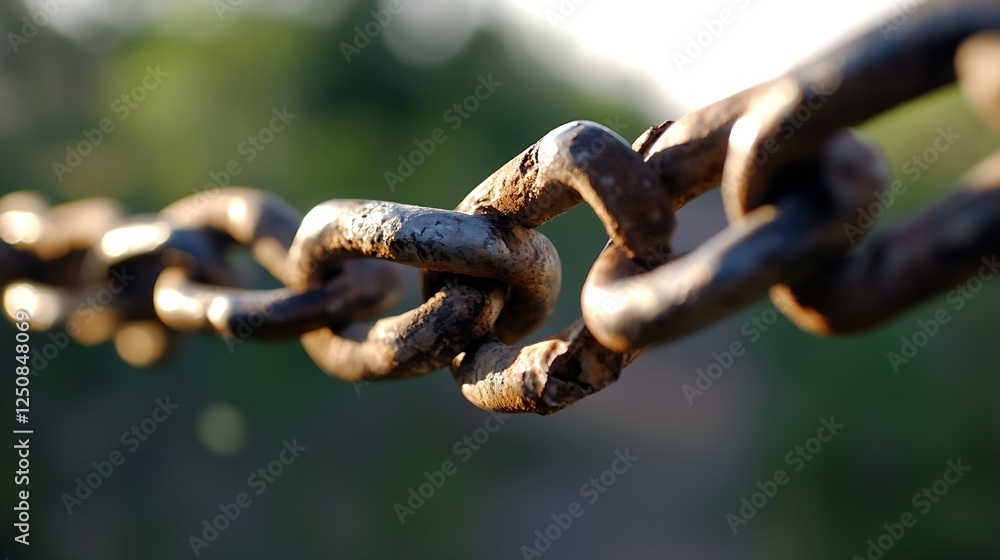 Leinwandbilder close up of an old rusty chain linking together with natural background : generative ai