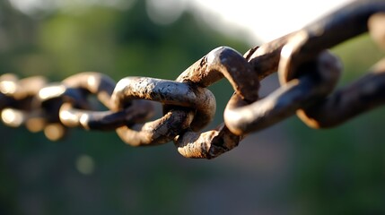 Close Up of an Old Rusty Chain Linking Together with Natural Background : Generative AI