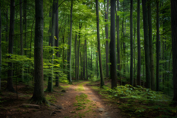 Fototapeta premium Tranquil Pathways: A Peaceful Walk Through Serene Forest Trails Touched by Gentle Sunlight
