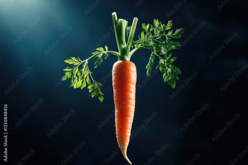 Poster a single carrot with a green stalk is photographed from a straightforward angle