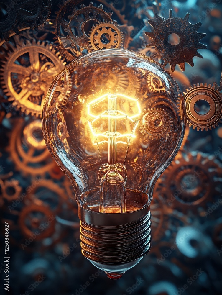 Poster an illustration of a lightbulb surrounded by gears, representing the innovation and ideation process