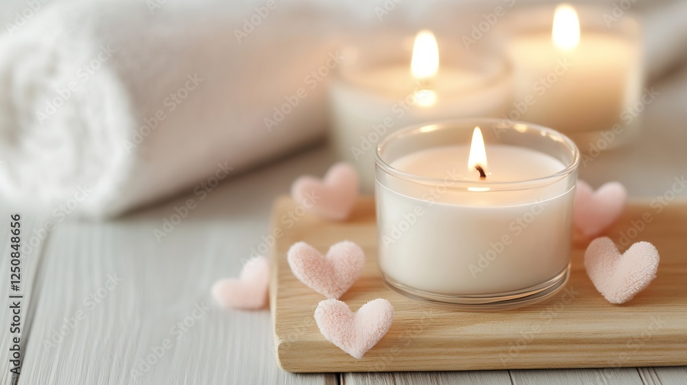 Poster tranquil spa scene with candles and soft hearts for relaxation and self care : generative ai