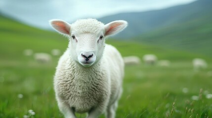 Fototapeta premium A close-up of a curious sheep standing in lush green grass, surrounded by rolling hills under a cloudy sky.
