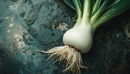Fresh Green Onion on Dark Surface with Roots Displayed, Ideal for Culinary and Culinary Arts Photography