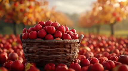 A basket overflowing with red apples sits in a picturesque orchard, surrounded by colorful autumn foliage under a soft, golden light.