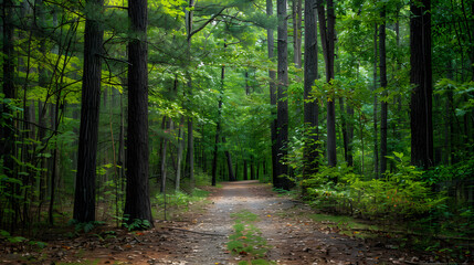 Obraz premium Tranquil Pathways: A Peaceful Walk Through Serene Forest Trails Touched by Gentle Sunlight