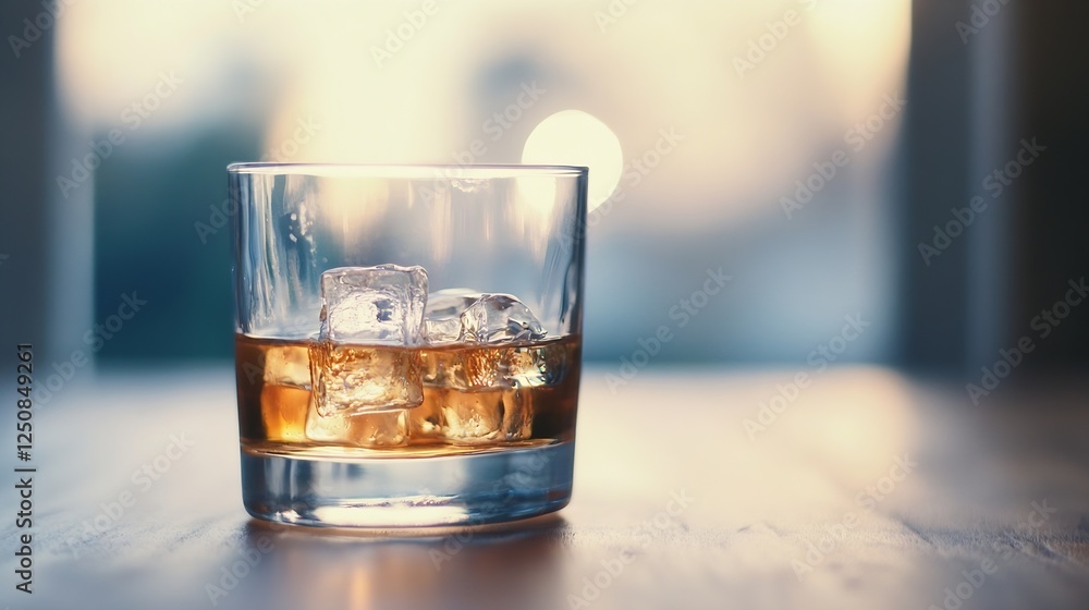 Poster Whiskey Glass with Ice Cubes on a Wooden Table Backlit by Soft Ambient Light : Generative AI