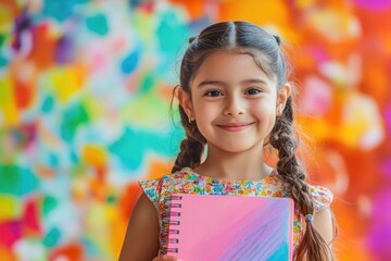 A young child holds a bright pink notebook against a vibrant background, perfect for illustrating childhood creativity and imagination