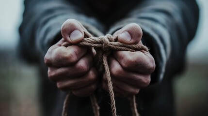 Person gripping ropes tightly with both hands showcasing strength and determination : Generative AI