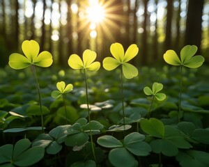 Sun-Dappled Forest Floor, Lush Green Clover Patch in Springtime Sunlight with Blurred Background
