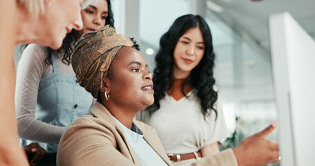 Business, review or women on computer of administration, data entry advice and feedback. People,...