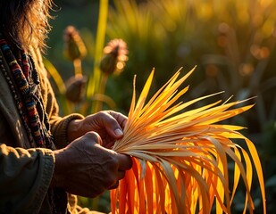Maori Man hands weaving flax leaves in Sunlight