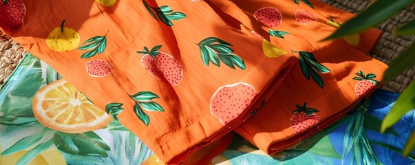 A bright orange dress with fruit patterns folded neatly on a summer-themed mat