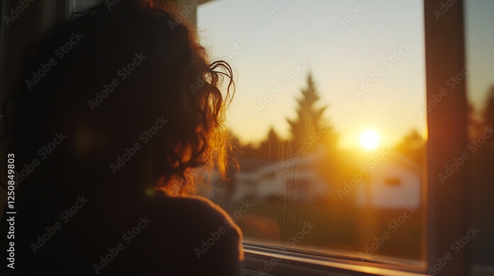 Poster silhouette of a person gazing at a stunning sunset while looking out of a window : generative ai
