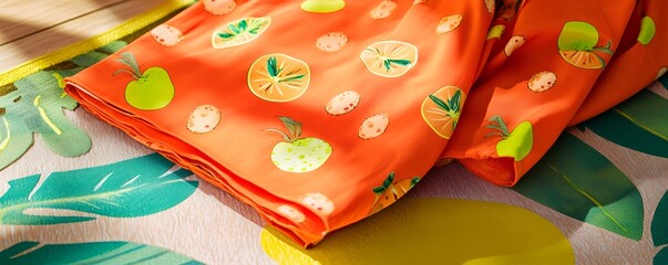 A bright orange dress with fruit patterns folded neatly on a summer-themed mat