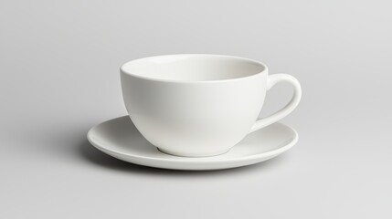 Obraz premium A serene white cup and saucer set on a soft gray background, perfect for showcasing beverage concepts, minimalistic dining settings, or modern kitchen aesthetics in design and marketing projects,