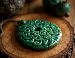 Dark Green Intricately Carved Pounamu Pendant on a wooden table