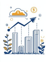 Fototapeta premium A line art illustration depicting financial growth, represented by an upward-pointing arrow, bar graph, and dollar signs. Small plants symbolizing investment and a cloud symbolizing the future.
