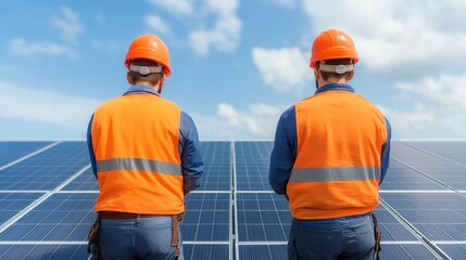 Two workers wearing safety helmets and vests are inspecting solar panels under a clear blue sky