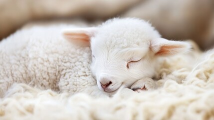 Naklejka premium Sleeping Lamb Snuggled on Soft Fleece Blanket in Cozy and Relaxed Atmosphere : Generative AI