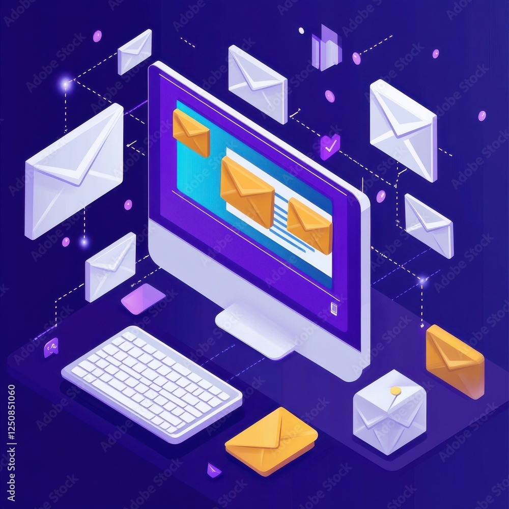 Poster isometric illustration of email icons displayed on a computer ,illustrating the concept of e-mail ma