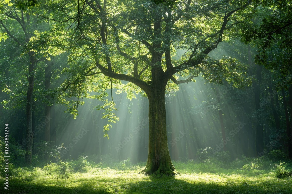 Poster a large tree stands tall in the middle of a dense forest
